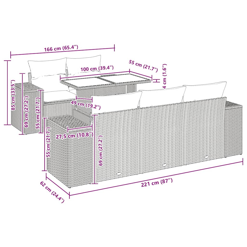6-tlg. Garten-Sofagarnitur mit Kissen Grau Poly Rattan Akazie