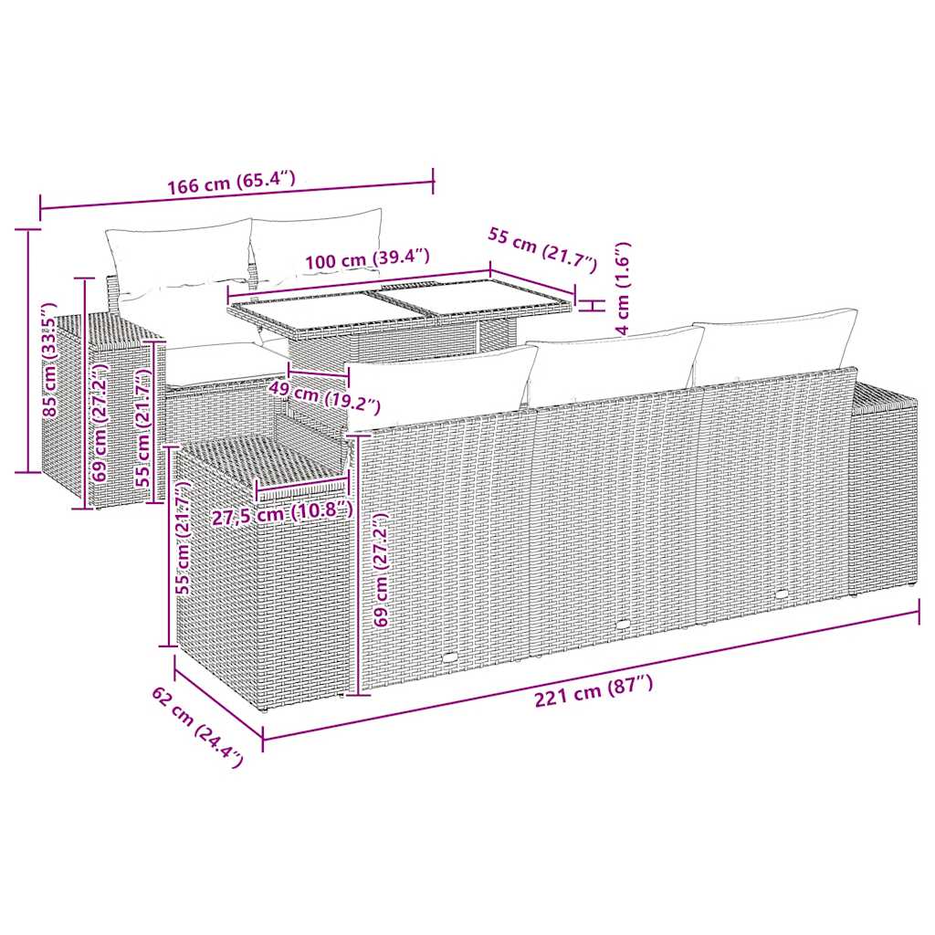 6-tlg. Garten-Sofagarnitur mit Kissen Braun Poly Rattan Akazie