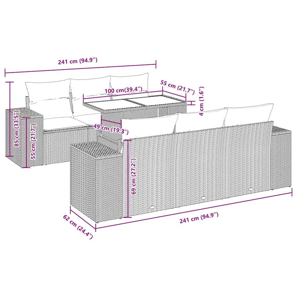7-tlg. Garten-Sofagarnitur mit Kissen Beige Poly Rattan