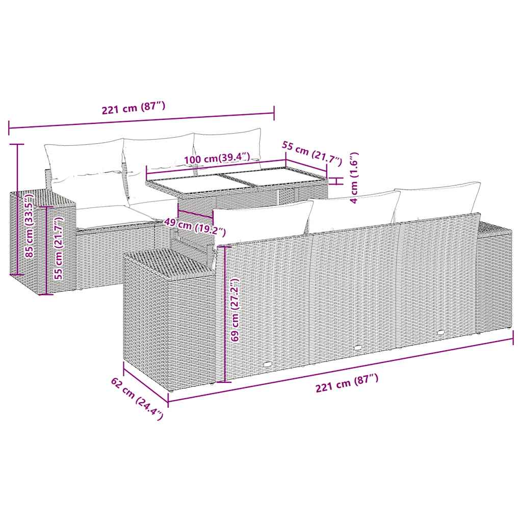 7-tlg. Garten-Sofagarnitur mit Kissen Beige Poly Rattan