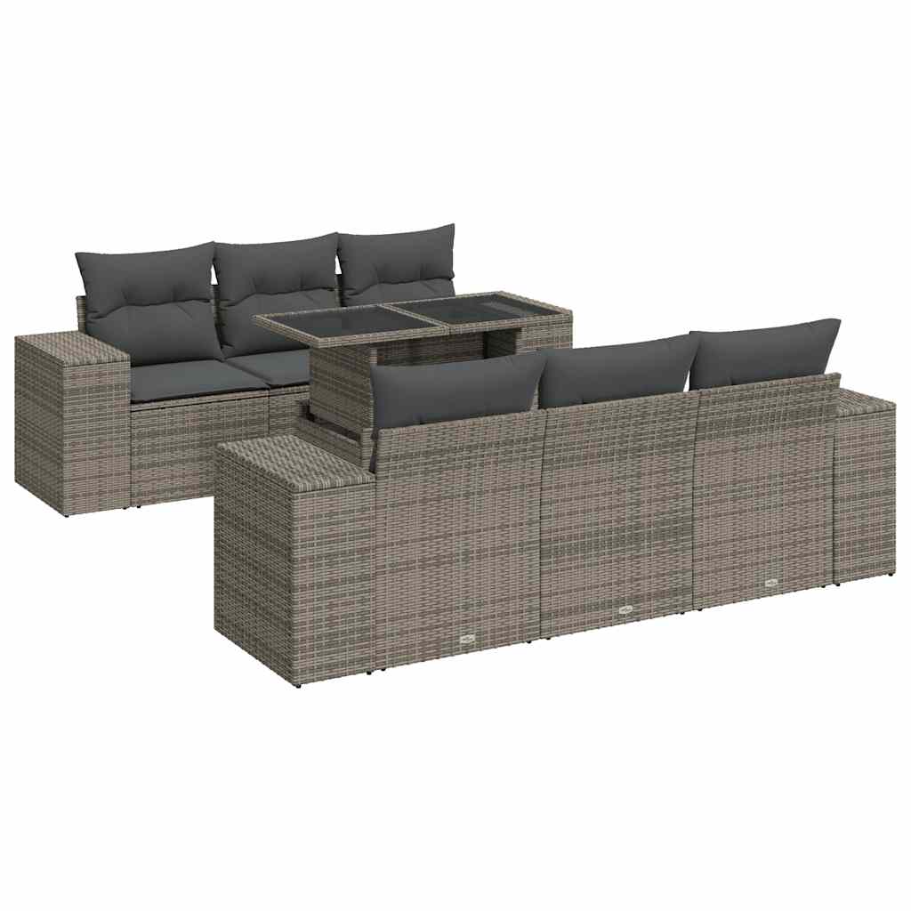 7-tlg. Garten-Sofagarnitur mit Kissen Grau Poly Rattan