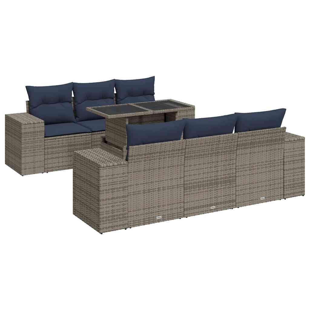 7-tlg. Garten-Sofagarnitur mit Kissen Grau Poly Rattan Akazie