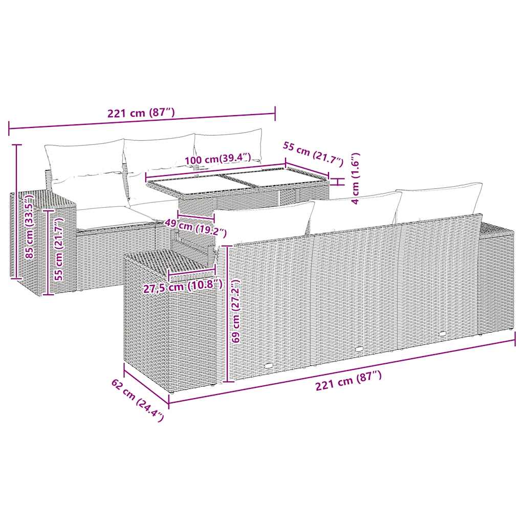 7-tlg. Garten-Sofagarnitur mit Kissen Grau Poly Rattan Akazie
