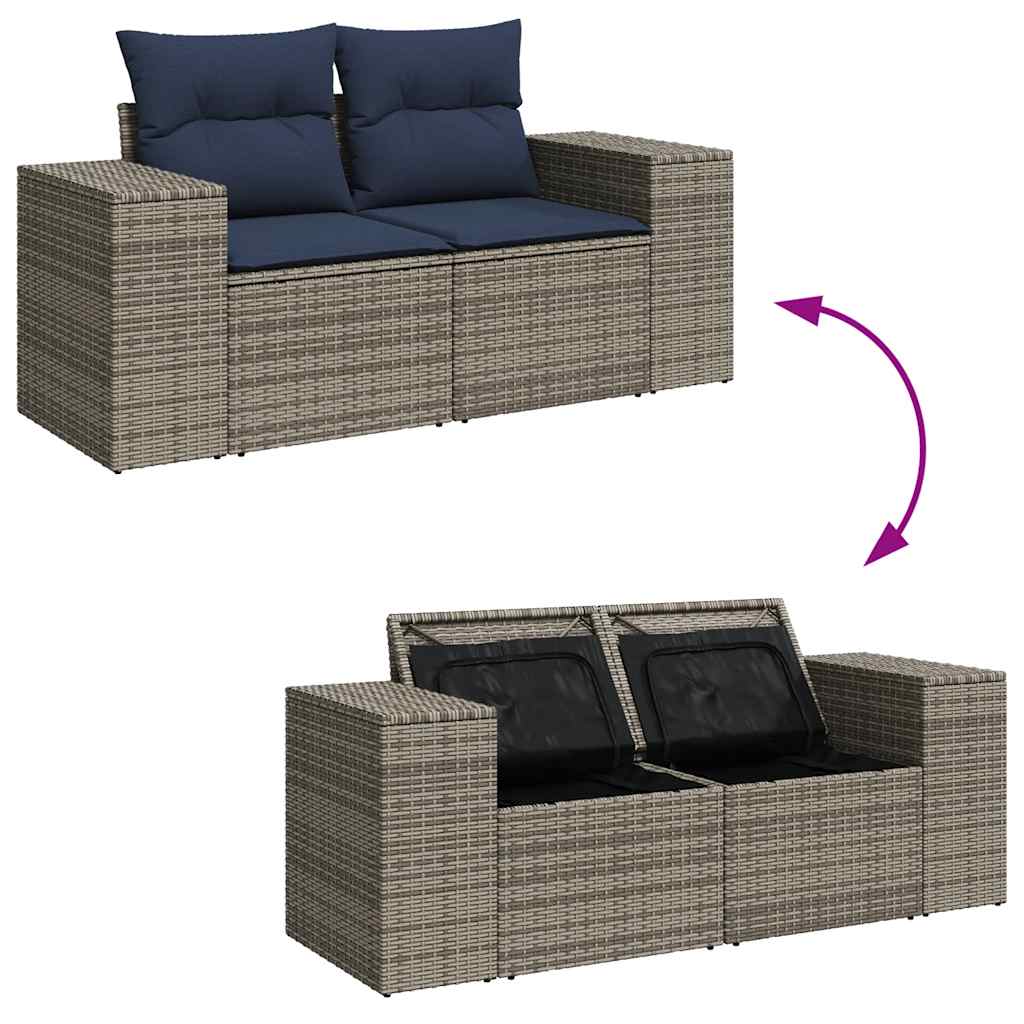 7-tlg. Garten-Sofagarnitur mit Kissen Grau Poly Rattan Akazie