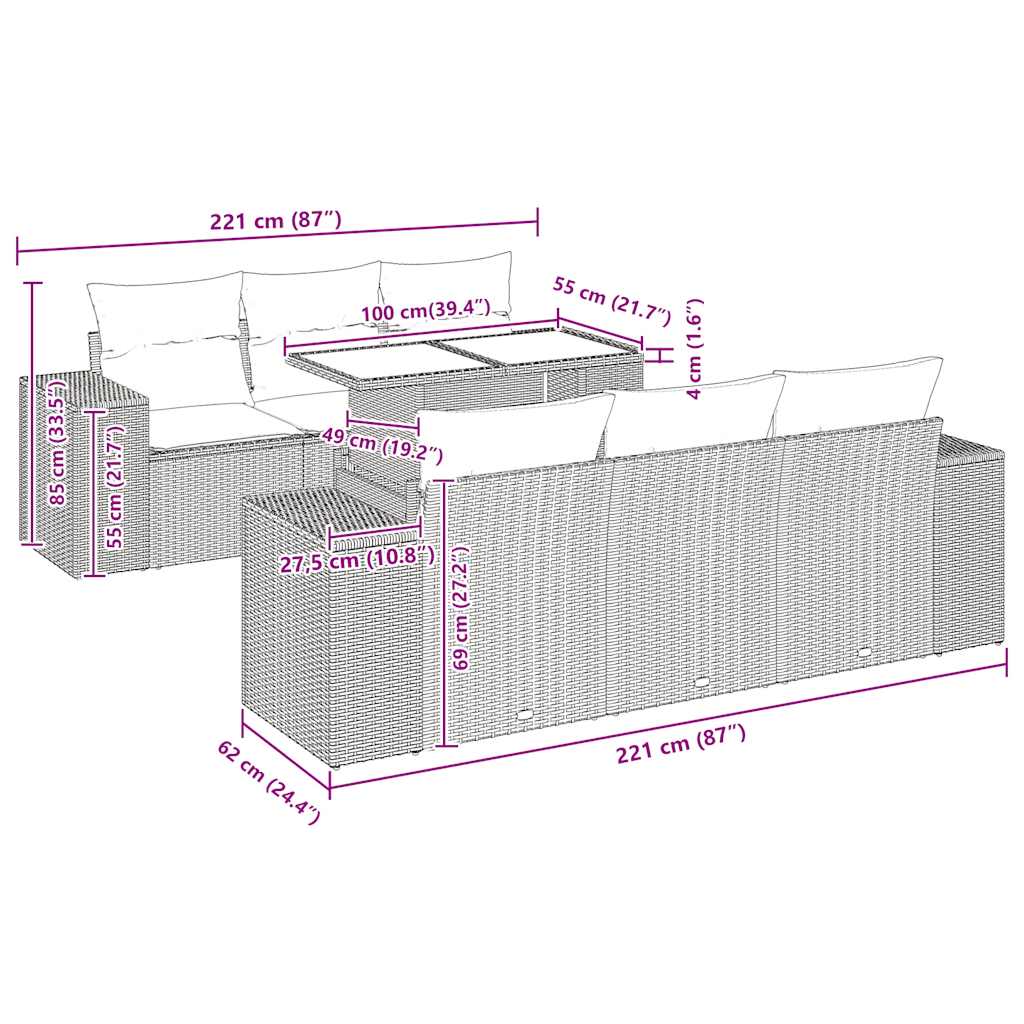 7-tlg. Garten-Sofagarnitur mit Kissen Braun Poly Rattan Akazie