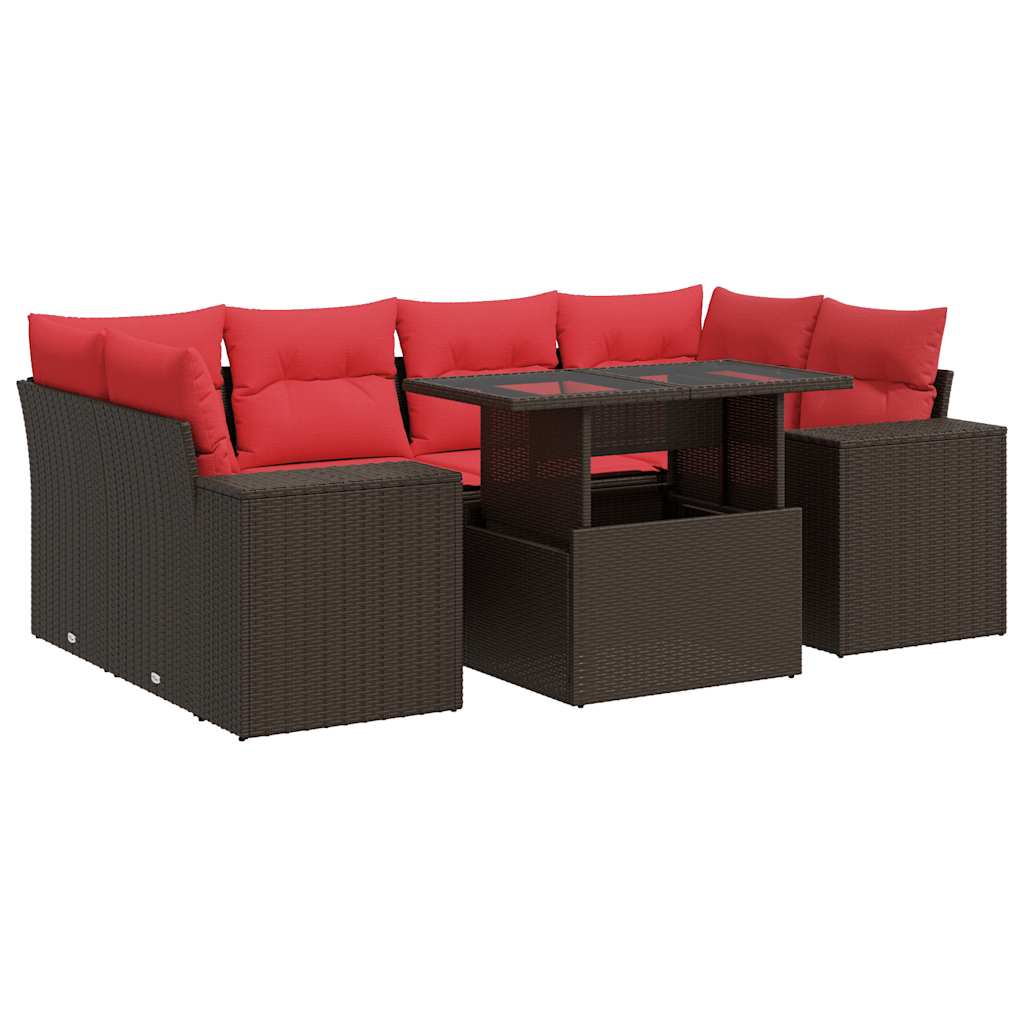 7-tlg. Garten-Sofagarnitur mit Kissen Braun Poly Rattan