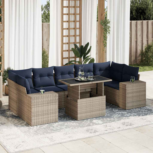 8-tlg. Garten-Sofagarnitur mit Kissen Grau Poly Rattan Akazie
