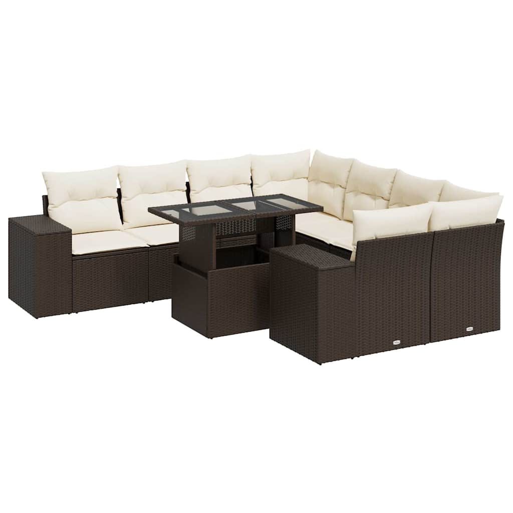 9-tlg. Garten-Sofagarnitur mit Kissen Braun Poly Rattan
