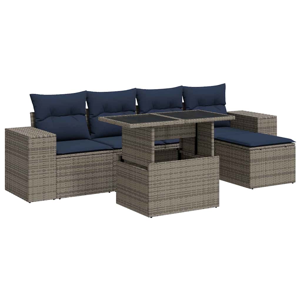 6-tlg. Garten-Sofagarnitur mit Kissen Grau Poly Rattan Akazie