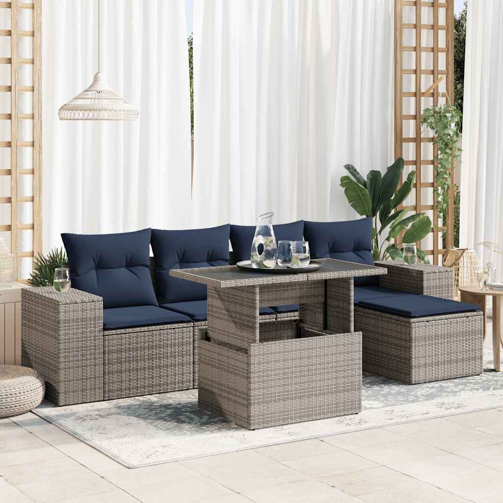 6-tlg. Garten-Sofagarnitur mit Kissen Grau Poly Rattan Akazie