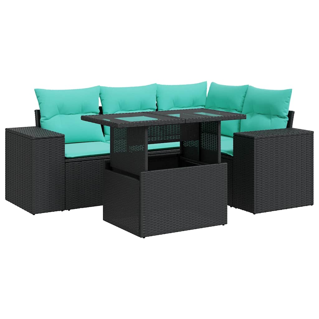 5-tlg. Garten-Sofagarnitur mit Kissen Schwarz Poly Rattan