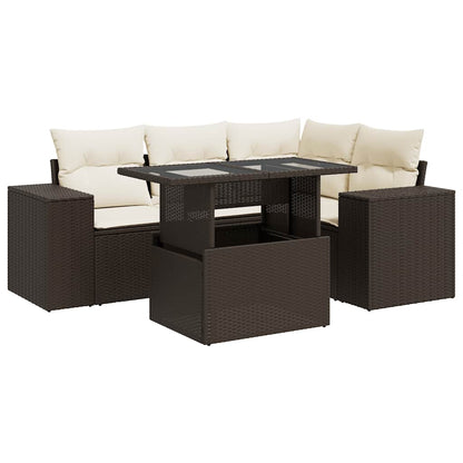 5-tlg. Garten-Sofagarnitur mit Kissen Braun Poly Rattan