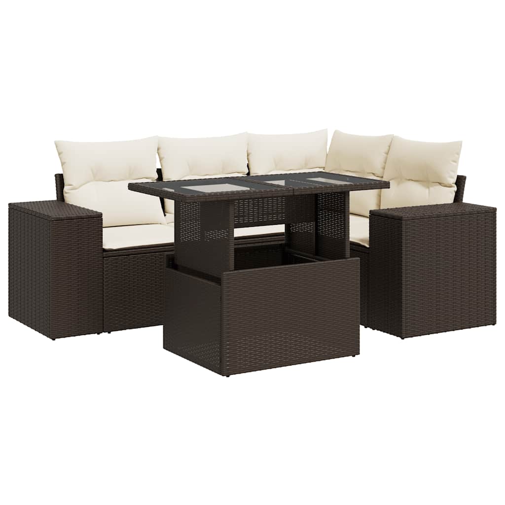 5-tlg. Garten-Sofagarnitur mit Kissen Braun Poly Rattan
