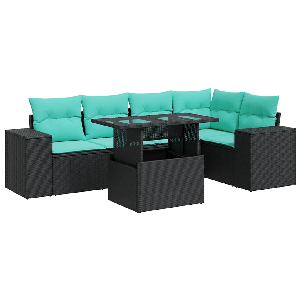 6tlg. Garten-Sofagarnitur mit Kissen Schwarz Poly Rattan Akazie