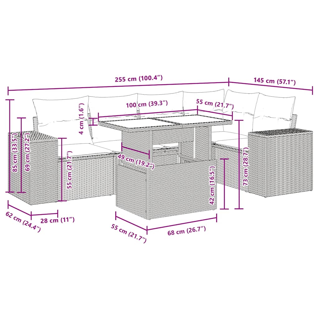 6-tlg. Garten-Sofagarnitur mit Kissen Grau Poly Rattan