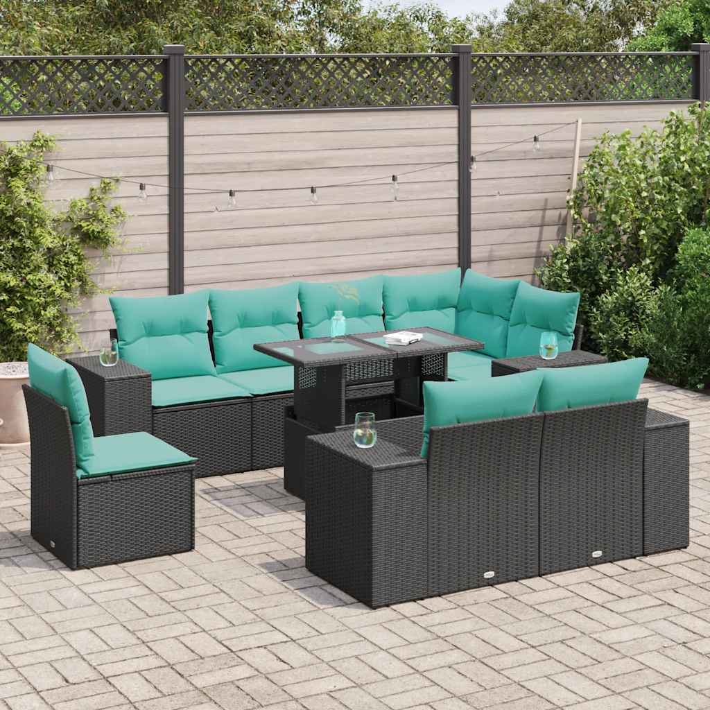 9-tlg. Garten-Sofagarnitur mit Kissen Schwarz Poly Rattan