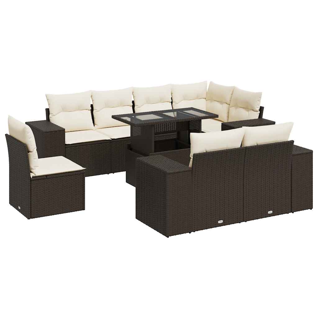 9-tlg. Garten-Sofagarnitur mit Kissen Braun Poly Rattan