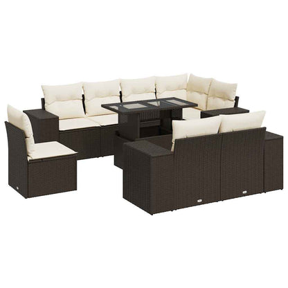 9-tlg. Garten-Sofagarnitur mit Kissen Braun Poly Rattan
