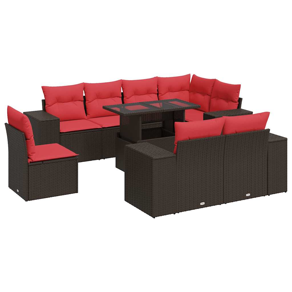 9-tlg. Garten-Sofagarnitur mit Kissen Braun Poly Rattan Akazie