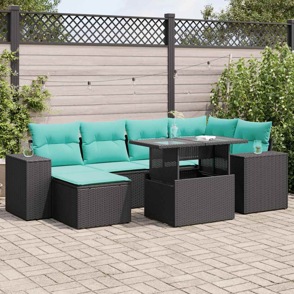 9-tlg. Garten-Sofagarnitur mit Kissen Schwarz Poly Rattan