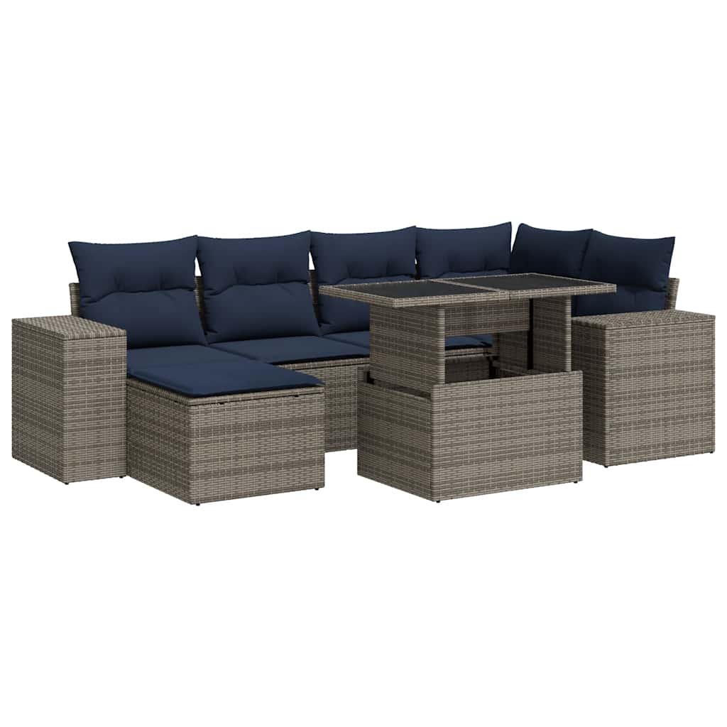 9-tlg. Garten-Sofagarnitur mit Kissen Grau Poly Rattan Akazie