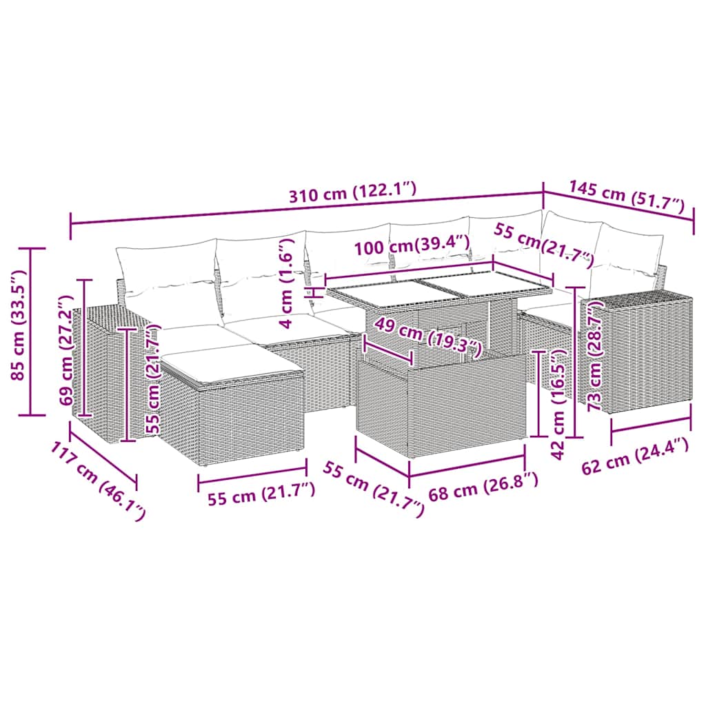 8-tlg. Garten-Sofagarnitur mit Kissen Schwarz Poly Rattan