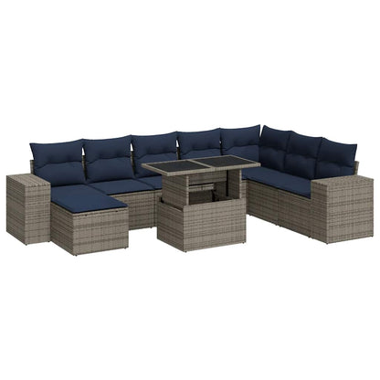 9-tlg. Garten-Sofagarnitur mit Kissen Grau Poly Rattan Akazie