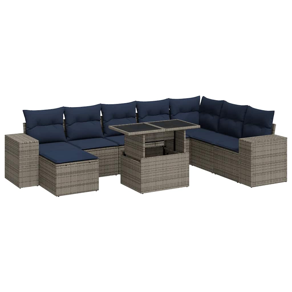 9-tlg. Garten-Sofagarnitur mit Kissen Grau Poly Rattan Akazie