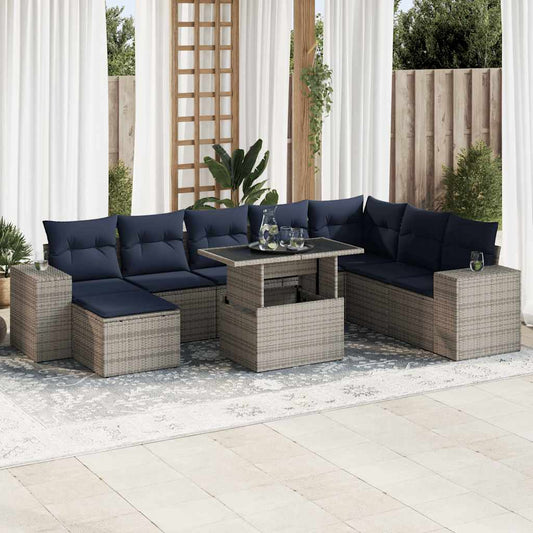 9-tlg. Garten-Sofagarnitur mit Kissen Grau Poly Rattan Akazie