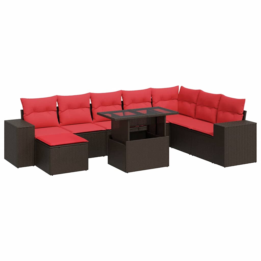 9-tlg. Garten-Sofagarnitur mit Kissen Braun Poly Rattan Akazie