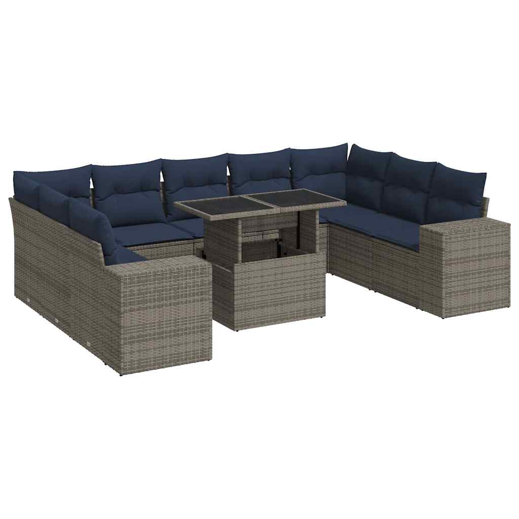 10-tlg. Garten-Sofagarnitur mit Kissen Grau Poly Rattan Akazie