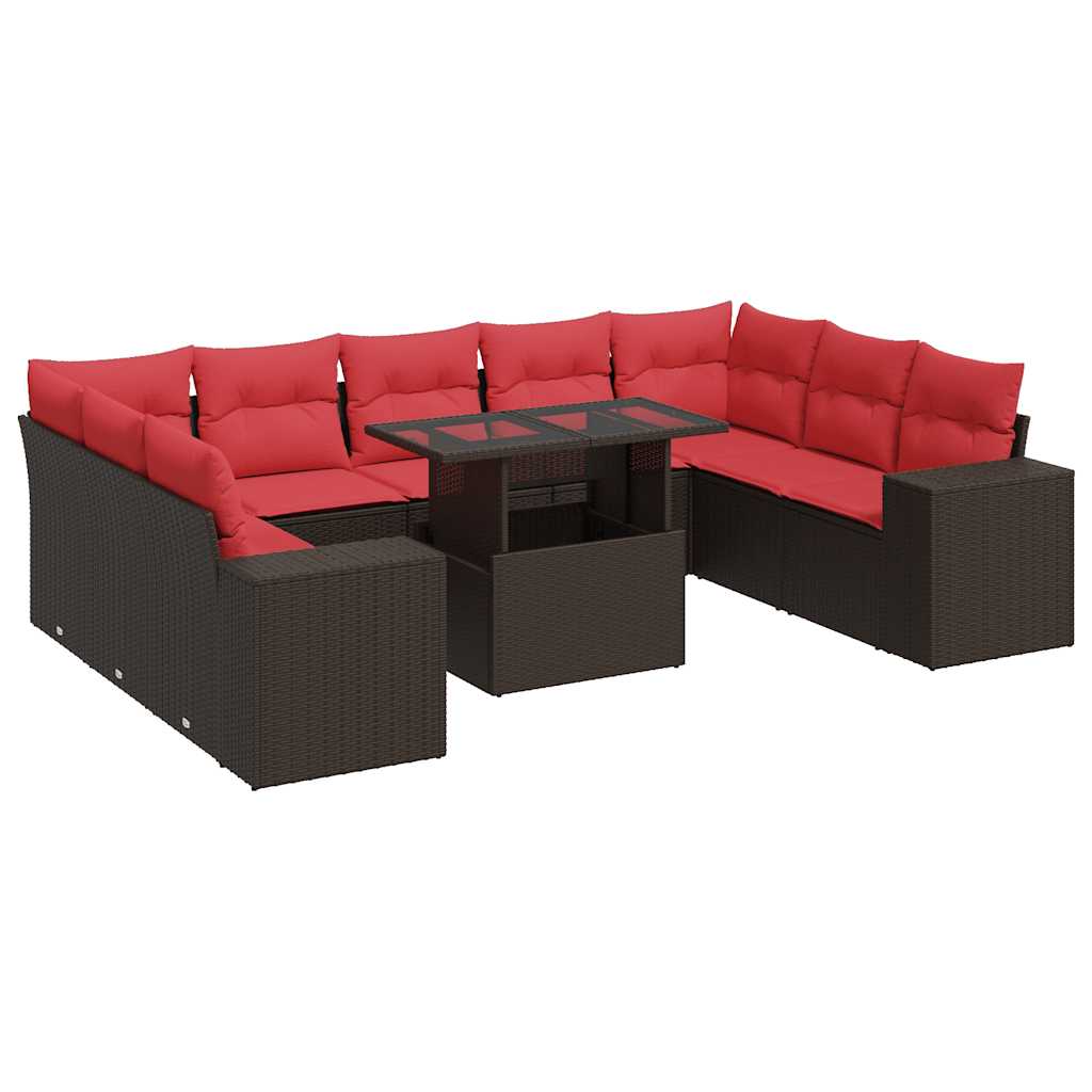 10-tlg. Garten-Sofagarnitur mit Kissen Braun Poly Rattan Akazie