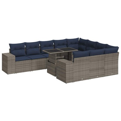 11-tlg. Garten-Sofagarnitur mit Kissen Grau Poly Rattan Akazie