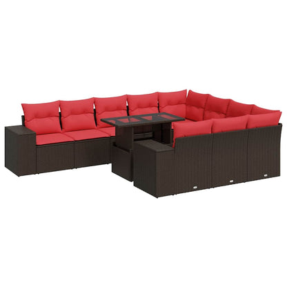 11-tlg. Garten-Sofagarnitur mit Kissen Braun Poly Rattan Akazie