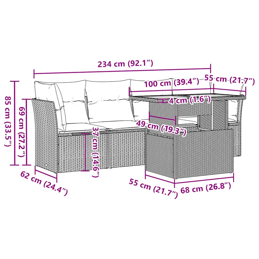 5-tlg. Garten-Sofagarnitur mit Kissen Schwarz Poly Rattan