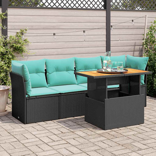 5-tlg. Garten-Sofagarnitur mit Kissen Schwarz Poly Rattan