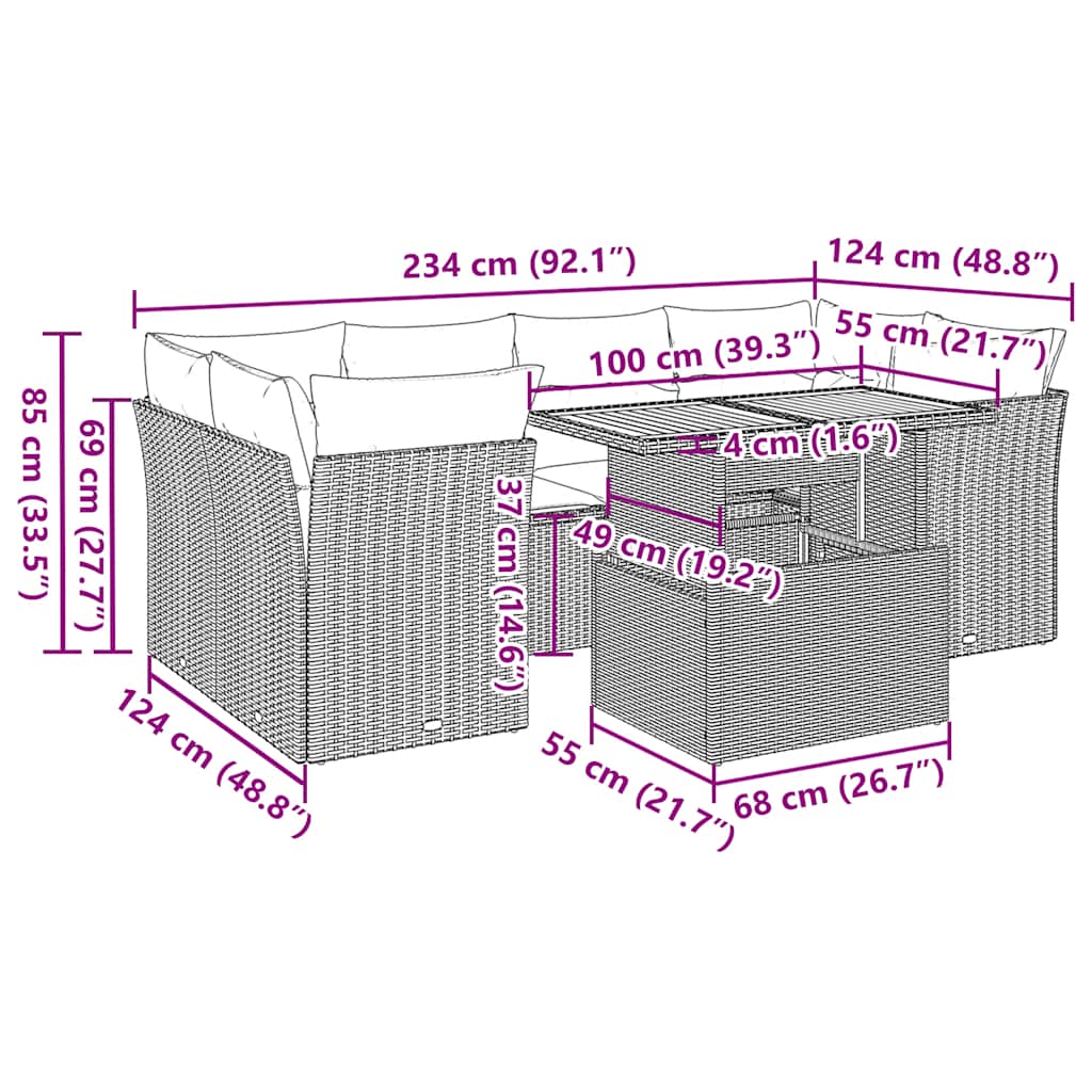 7-tlg. Garten-Sofagarnitur mit Kissen Grau Poly Rattan