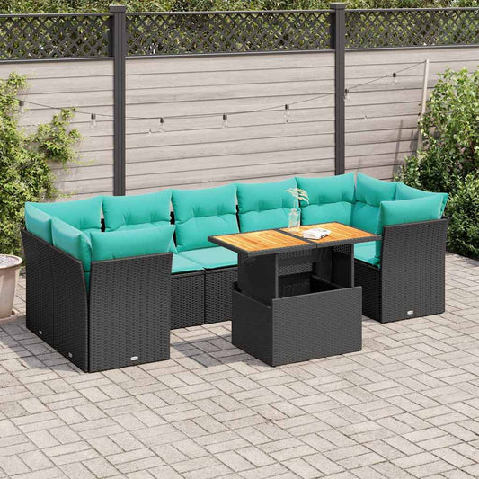 8-tlg. Garten-Sofagarnitur mit Kissen Schwarz Poly Rattan
