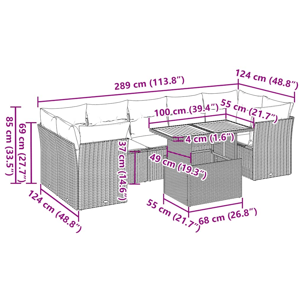 8-tlg. Garten-Sofagarnitur mit Kissen Grau Poly Rattan