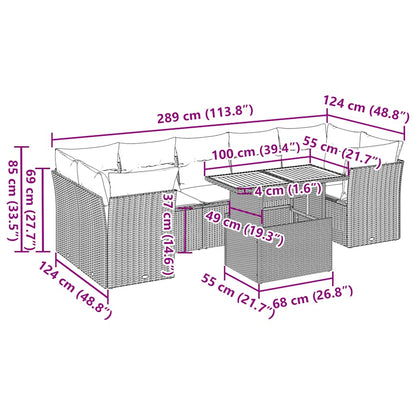 8-tlg. Garten-Sofagarnitur mit Kissen Grau Poly Rattan