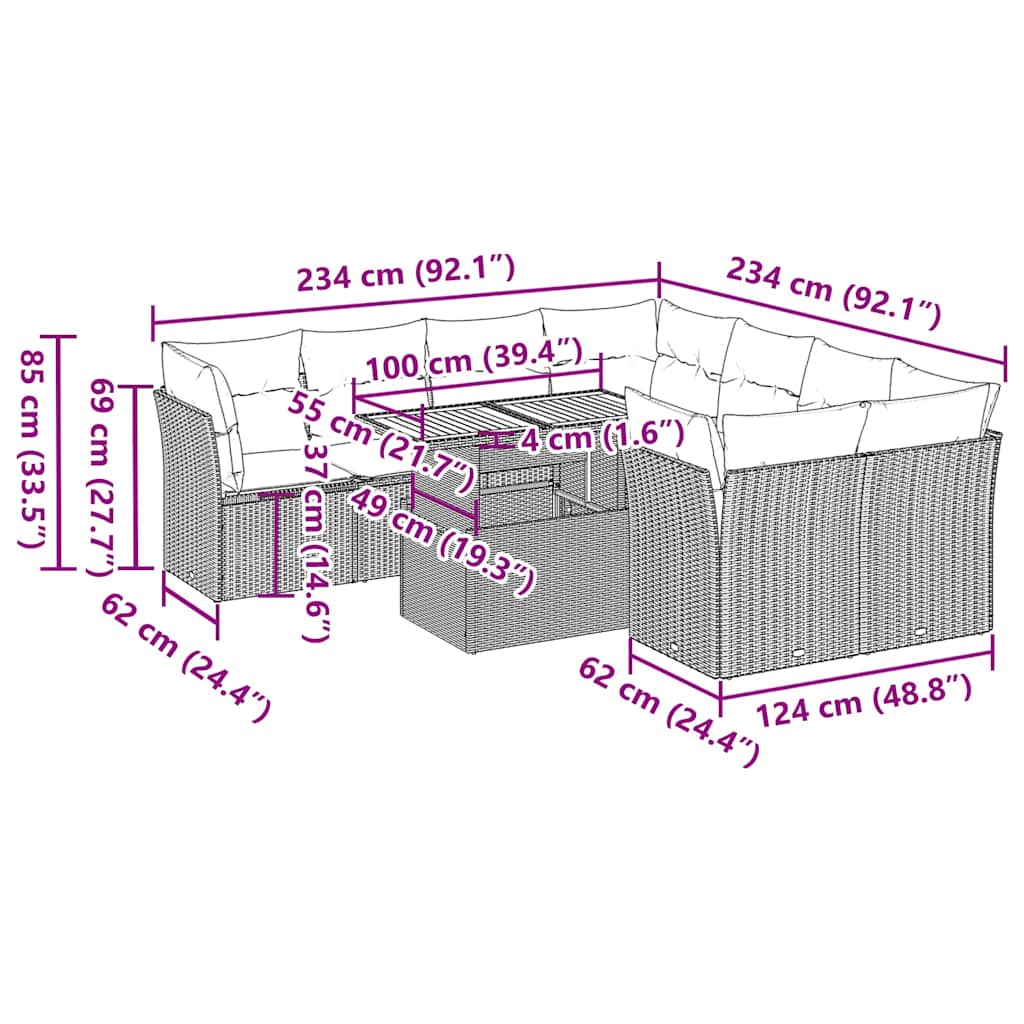 9-tlg. Garten-Sofagarnitur mit Kissen Schwarz Poly Rattan