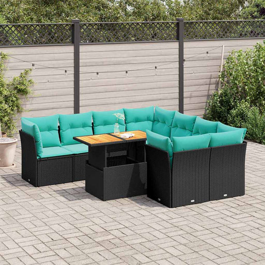 9-tlg. Garten-Sofagarnitur mit Kissen Schwarz Poly Rattan