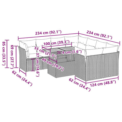 9-tlg. Garten-Sofagarnitur mit Kissen Grau Poly Rattan