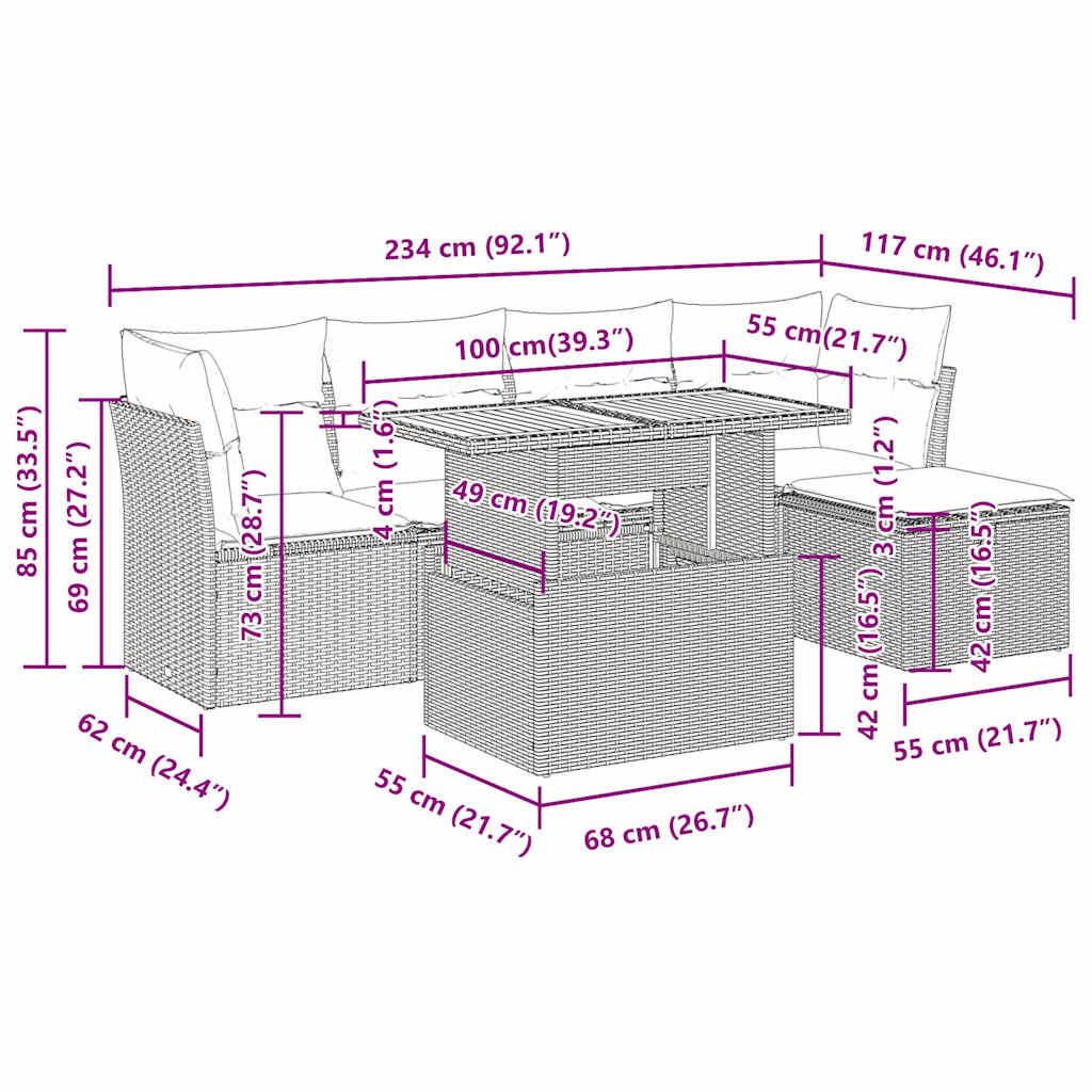 6-tlg. Garten-Sofagarnitur mit Kissen Schwarz Poly Rattan