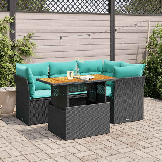 5-tlg. Garten-Sofagarnitur mit Kissen Schwarz Poly Rattan