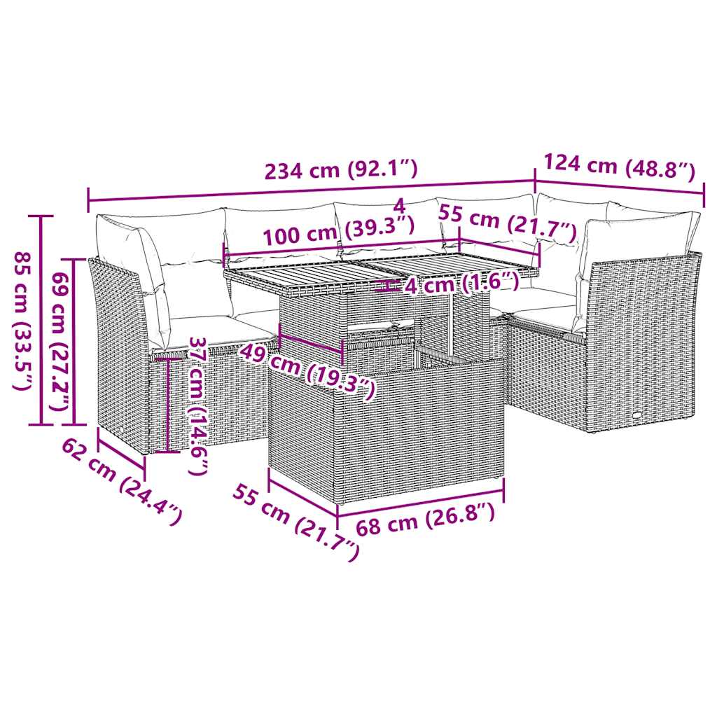 6-tlg. Garten-Sofagarnitur mit Kissen Beige Poly Rattan