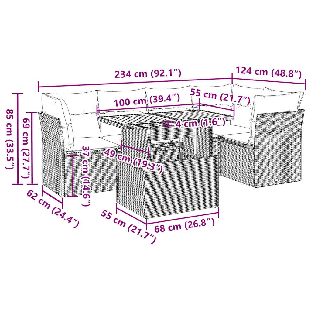 6-tlg. Garten-Sofagarnitur mit Kissen Grau Poly Rattan