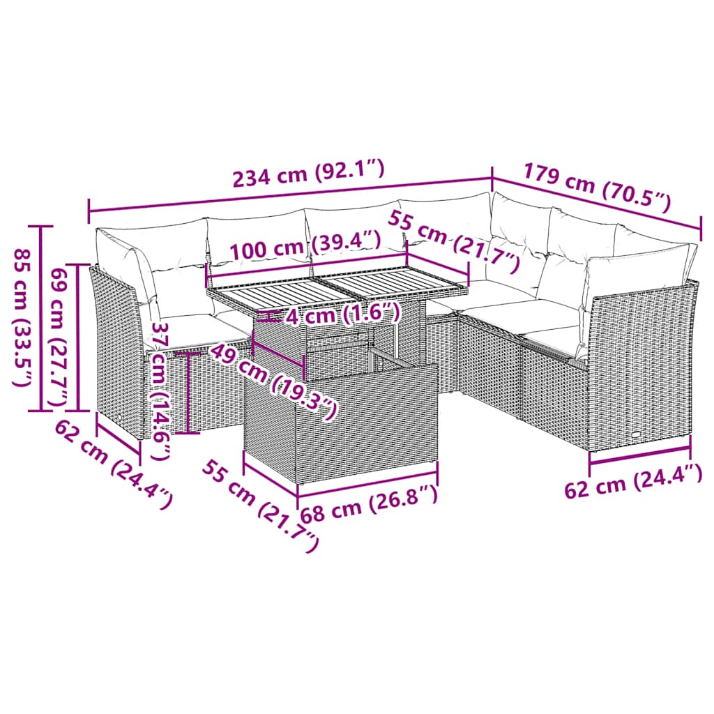 7-tlg. Garten-Sofagarnitur mit Kissen Schwarz Poly Rattan