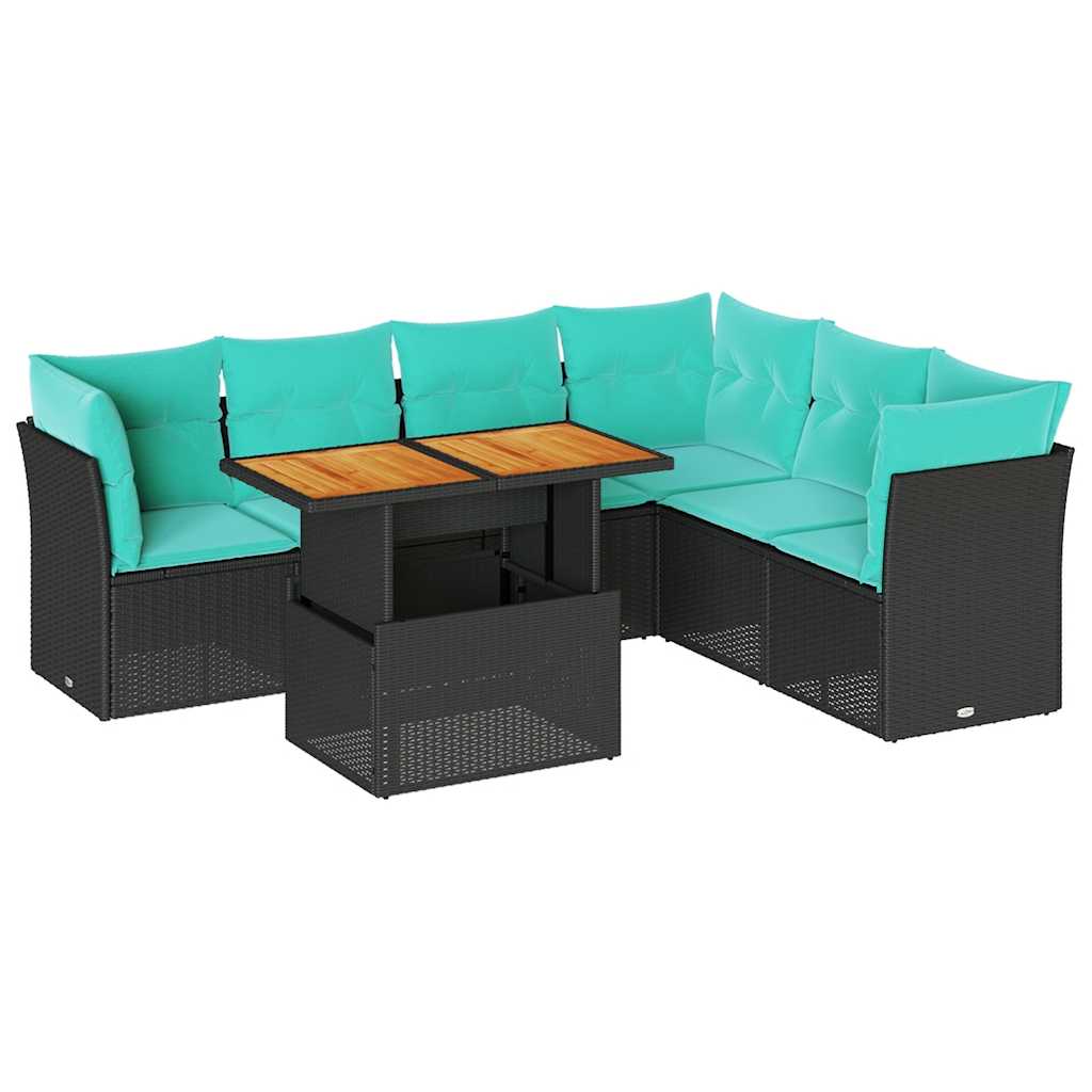 7-tlg. Garten-Sofagarnitur mit Kissen Schwarz Poly Rattan