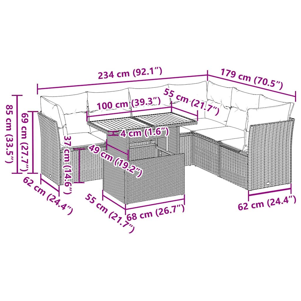 7-tlg. Garten-Sofagarnitur mit Kissen Schwarz Poly Rattan